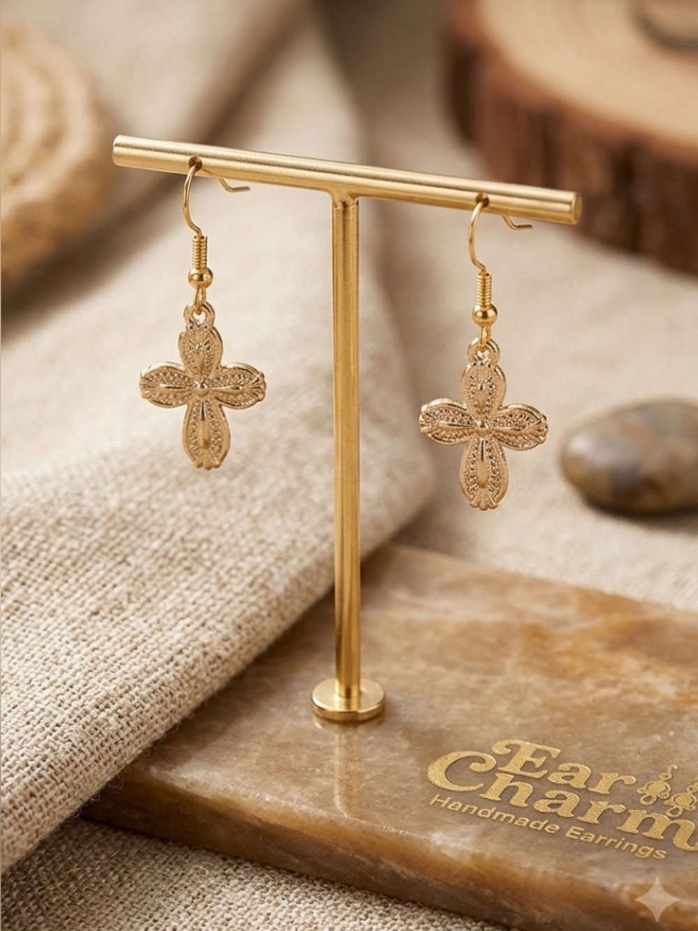 New Gold-Tone Enamel Cross Dangle Earrings